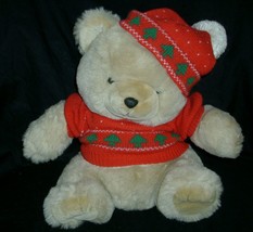 14&quot; Vintage Tan Christmas Teddy Bear Stuffed Animal Plush Brown Windsor Toys Hat - £34.12 GBP