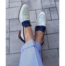  New Handmade Two Tone White &amp; Blue Shoes, Men&#39;s Loafer Slip On Moccasins Dress  - £114.83 GBP