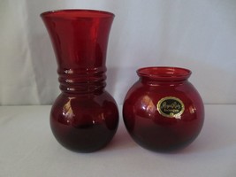 2 MINT Vtg Anchor Hocking Royal Ruby Red Depression Glass Flower Vase Ball 40&#39;s - £23.53 GBP
