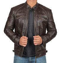 Men&#39;s Distressed Dark Brown Cafe Racer Genuine Leather Jacket with Stand Collar - £102.79 GBP