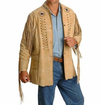 Beige Western Style Bone Beaded Patches Real Finished Cow Leather Fringed Jacket - £143.00 GBP