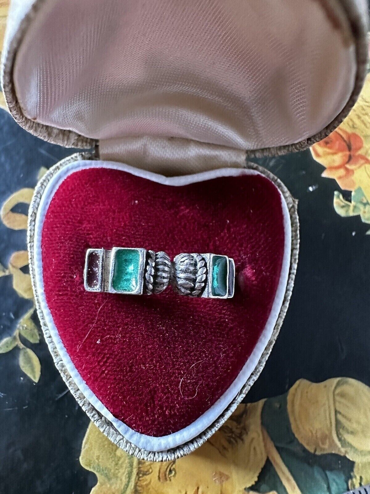 Primary image for Antique Vintage Edwardian 1900-s Green Enamel 800 Silver Ring Size UK M, US 6