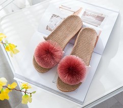 Women&#39;s New Summer Candy Pompom Flax Slippers Women Furry Breathable Indoor Line - £19.97 GBP