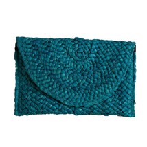 Eliza Rattan Woven Straw Clutch Turquoise Blue - £26.72 GBP