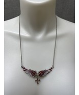 Pink Red White Rhinestone Angel Wing Cross Necklace Estate Jewelry Find KG - $13.55 CAD