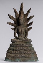 Antik Sukhothai Stil Bronze Meditierend Naga Buddha Statue - 32cm/33cm - $409.22