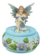 Blue Lily Flora Fairy Garden Fae Small Round Trinket Jewelry Box Figurine 3.25&quot;H - £12.78 GBP