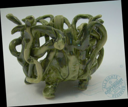 5&quot; Artist Green Abstract Woven Basket 2016 Modern Art Pottery Signed Ikebana - £800.64 GBP