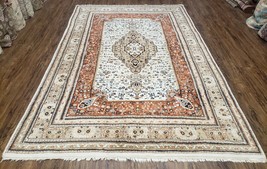 Vintage Indian Decorative Rug 6x9 ft Wool Handmade Ivory &amp; Squash Carpet Floral - £763.18 GBP