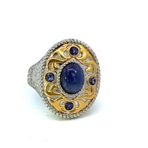Vtg Signed Sterling Oval Lapis Lazuli with Tanzanite Gemstone Cocktail Ring sz 9 - £59.34 GBP