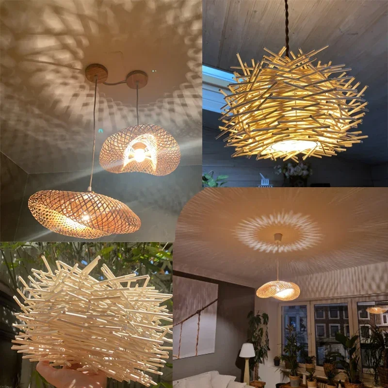 Boo wood pendant light ceiling lamp rattan wicker lustre chandelier suspended hand home thumb200