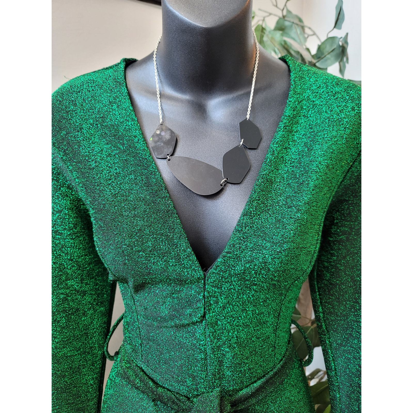 Women's Jumpsuit Small Green Metallic Glitter Long Sleeves V Neck Belted Item image 3