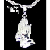 Silver Plated Praying Hands Pendant 24&quot; Rope Chain Hip Hop Necklace - £7.22 GBP