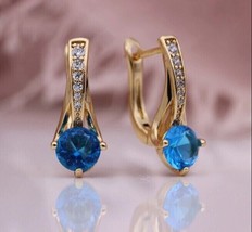 2Ct Round CZ Blue Topaz Diamond 14K Yellow Gold Finish Drop Dangle Earrings - £121.69 GBP