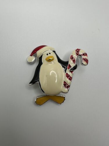 Primary image for Enamel Penguin Candy Cane Christmas Brooch Dangle Feet 4.5cm