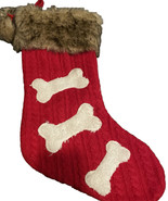 Cable Knit Christmas Stocking Woof Bone Dog Red Fur Collar Holiday Red W... - $19.62