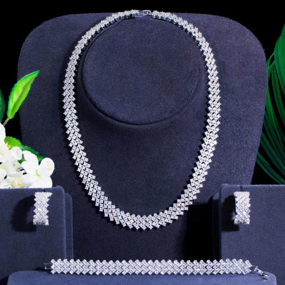 Super Bling CZ Crystal Silver Color Choker Necklace Earrings Bracelets Geometry  - £59.68 GBP