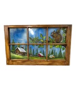 Vintage Janice Palmer Hand-Painted Window Art With Rustic Cabin &amp; Squirr... - $186.99