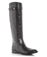 Tory Burch Everly Strap Riding Calf Leather Tall Flat Boots Black New Si... - $479.67 CAD