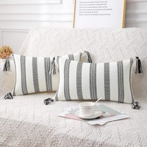 Boho Throw Pillow Cover, Decorative Woven Farmhouse 12x20&quot; Black and Off White - £11.49 GBP