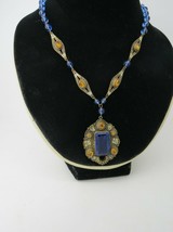 Vtg Czech Glass Pendant Necklace Enamel Accents Rhinestones 18&quot; Long Blue Beaded - £152.00 GBP