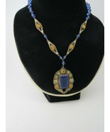 Vtg Czech Glass Pendant Necklace Enamel Accents Rhinestones 18&quot; Long Blu... - £148.63 GBP