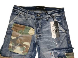 2y Premium Jeans Mens 29x31 Army Camo Cargo Paint Splatter Blue Jean&#39;s NWT  - £52.07 GBP