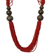 Ethnic Tribal Boho Necklace Multi-Strand Red Seed Bead Vintage Brass Cen... - $34.65