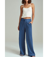 Sail Blue Drawstring High Waist Wide Leg Pocketed Sweatpants - $559.19 MXN