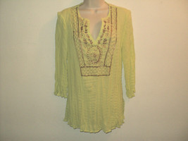 Faded Glory Tunic Top Women&#39;s M Lime Green w/ Embroidery Crinkled 3/4 Sleeves - £11.61 GBP