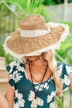 Parchment Boho Woven Ruffle Lace Trim Knot Vacation Hat - $243.71 MXN