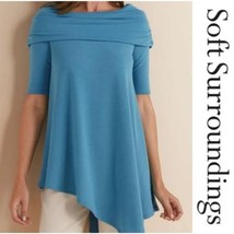 Soft Surroundings Carson Shirt Top Women Xl Blue Cowl Neck Asymmetrical Hem - £39.51 GBP