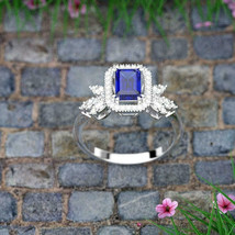 2.50Ct Emerald Cut CZ Blue Tanzanite Engagement Ring 14K White Gold Plated - £94.26 GBP