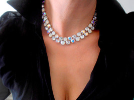 Wedding Swarovski Crystal Necklace • Aurora Borealis Layered Bridal Choker • Ten - £69.01 GBP