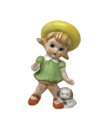 Vintage Hand Painted Porcelain Girl Figurine Green Dress Puppy Sun Hat 4... - $12.99