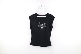Vintage 90s Harley Davidson Womens XL Spell Out Ribbed Knit T-Shirt Black USA - £39.74 GBP