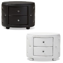 Oval Faux Leather Nightstand 2-Drawer Glamour White Black Crystal Tufted - £140.62 GBP