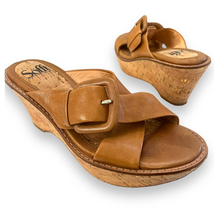 Sofft Balere Slide Platform Leather Sandal | Size 6.5 | Tan, Cork, Gold, Buckle - £26.24 GBP