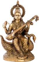28&quot; Large Size Goddess Saraswati Brass Idol Plays Veena on Her Swan | Handmade - £2,009.88 GBP