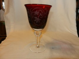 Vintage Large Red and Clear Glass Goblet With Etched White Filigree 7.75&quot; Tall - £29.37 GBP