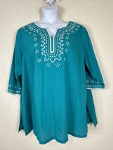 Woman Within Tunic Shirt Womens Plus Size 1X (22/24) Teal Embroidered 3/4 Sleeve - £14.38 GBP