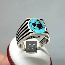 Natural Tibetan Turquoise ring, 925 Silver Men Ring December Birthstone Jewelry - £89.39 GBP