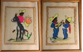 Vintage Original Bueno Mexico Colorful Paintings on Burlap Folk Art Under Glass - £62.84 GBP