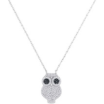 10k White Gold Womens Black Color Enhanced Diamond Owl Bird Pendant Necklace - £352.00 GBP