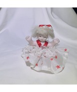 VTG Porcelain Sitting 3” Doll White Dress Red Stars and Bow - £13.14 GBP