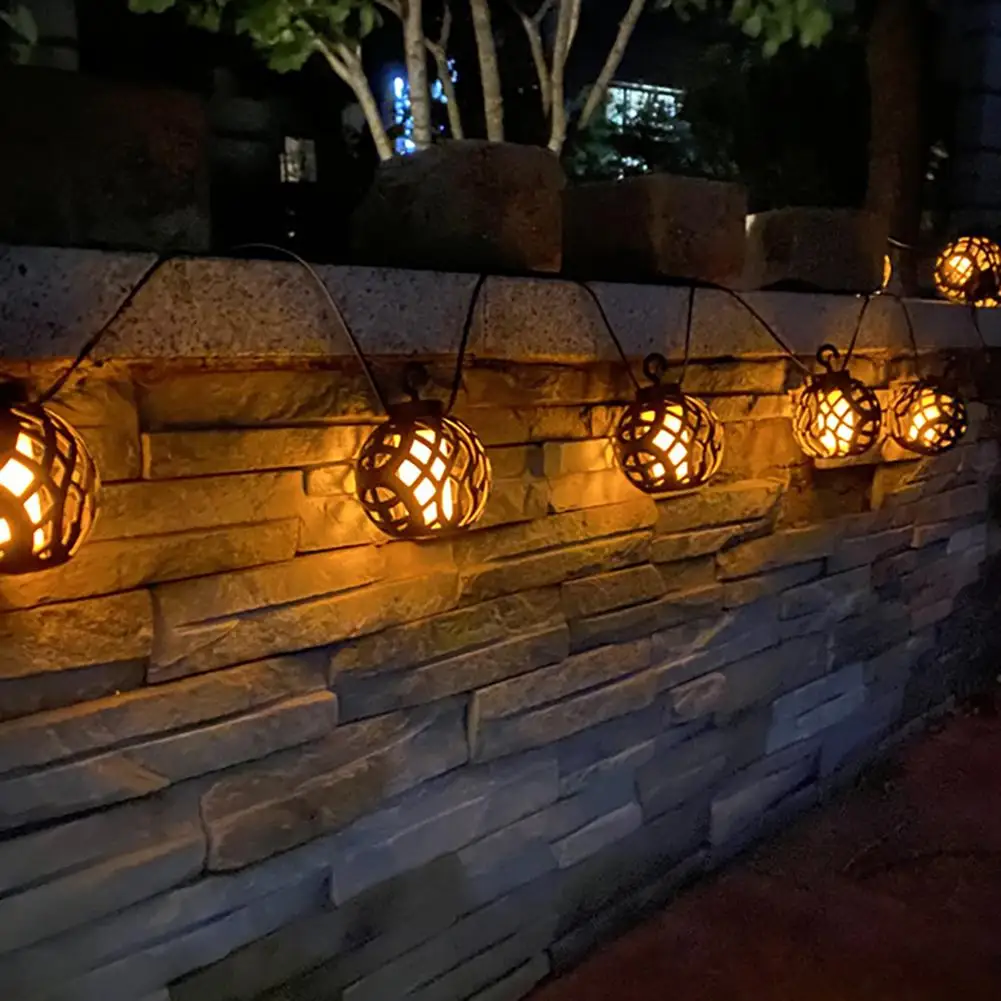 Outdoor Solar String Lights With Flickering Flame Waterproof Hanging Globe Decor - £74.16 GBP