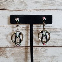 Vintage Screw On Earrings - Unusual Painted Black &amp; Silver Tone Dangle - £10.02 GBP