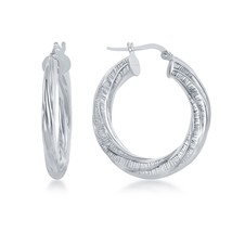 Sterling Silver Twist Design 30mm Hoop Earrings - Rhodium Plated - £53.34 GBP