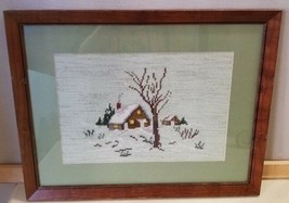 Framed Needlepoint Cabin in Winter Snowy Woods Lodge Behind Glass Wood Frame FS - $39.99