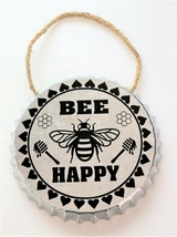Bee Happy Hanging 6&quot; Metal Bottle Cap Sign - £11.33 GBP